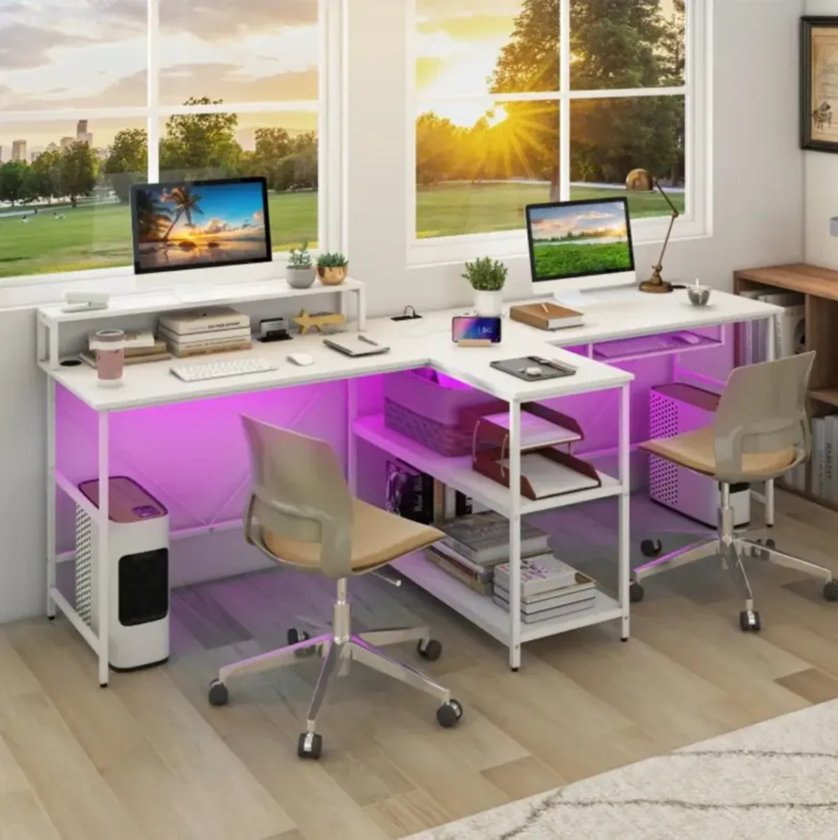 Hivvago 2-Person Reversible Computer Desk Long Office Desk with LED Lights