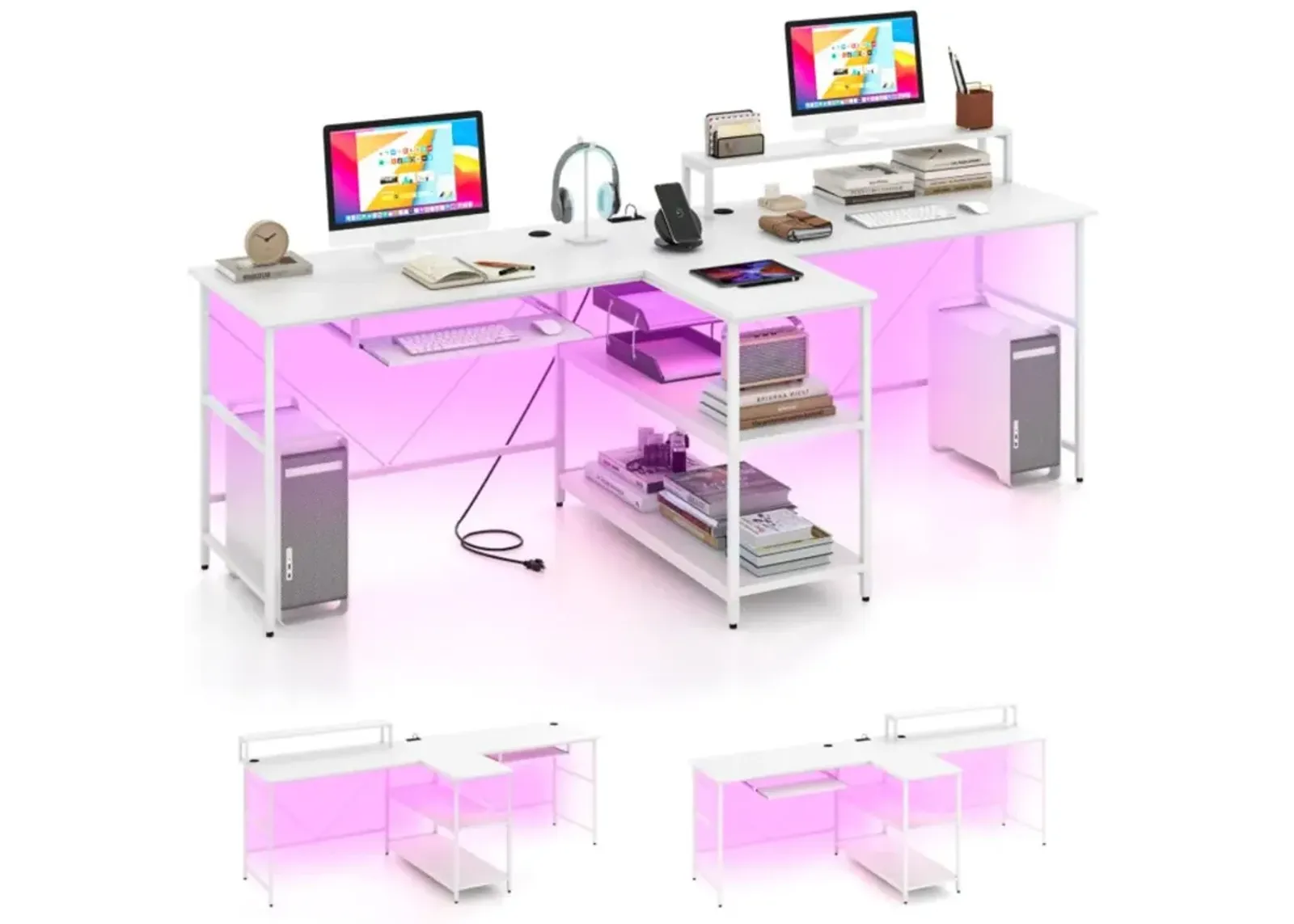 Hivvago 2-Person Reversible Computer Desk Long Office Desk with LED Lights