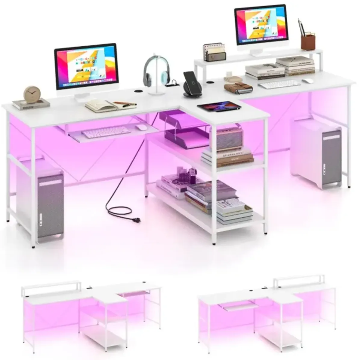 Hivvago 2-Person Reversible Computer Desk Long Office Desk with LED Lights