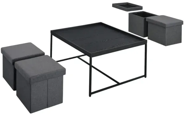 Vinny Black Wood Grain 5 Piece Coffee Table Set With Raised Edges