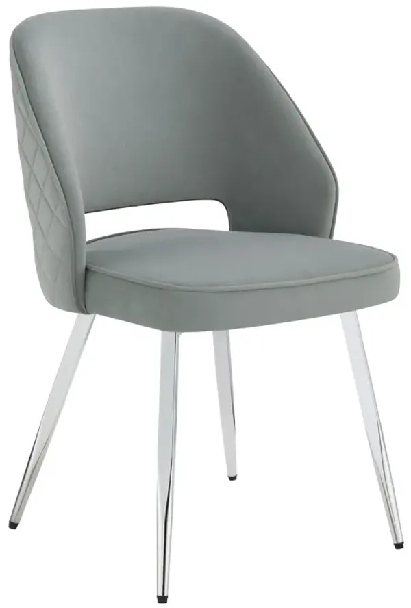 21 Inch Dining Chair, Set of 2, Curved Back, Gray Velvet Fabric, Metal Legs - Benzara