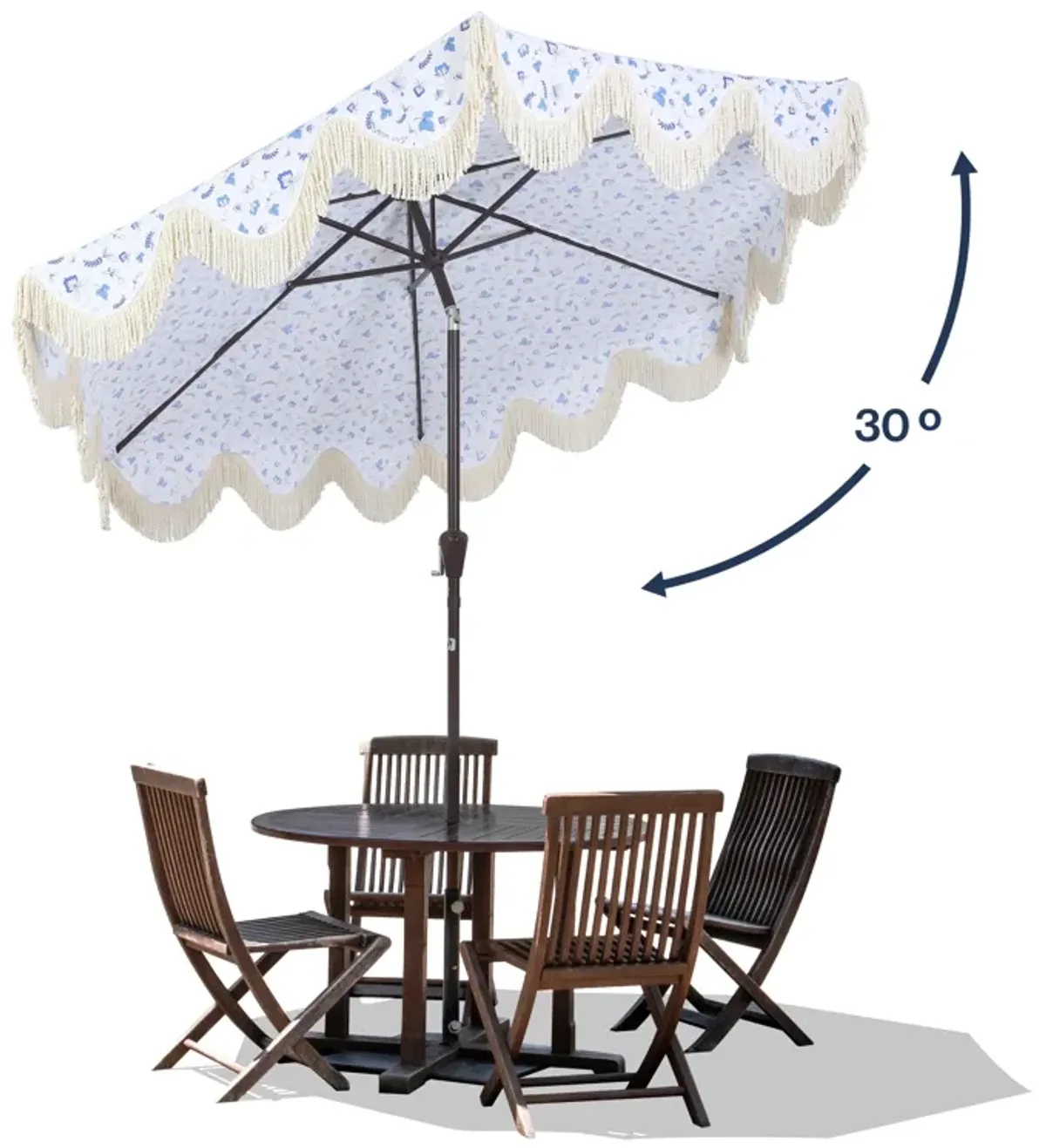 Collins Classic Cottage Tassel Market Patio Umbrella with Auto-Tilt, Crank, Wind Vent and UV Protection