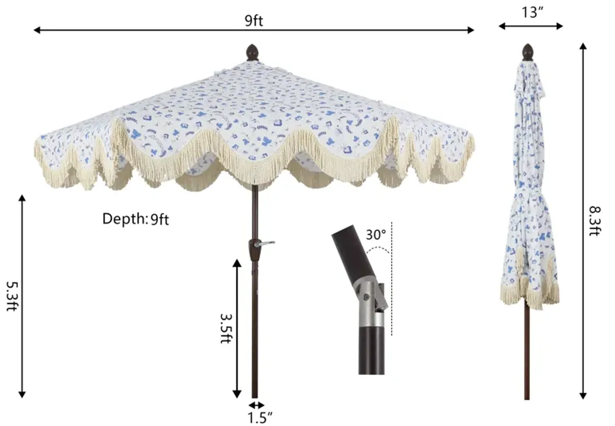 Collins Classic Cottage Tassel Market Patio Umbrella with Auto-Tilt, Crank, Wind Vent and UV Protection