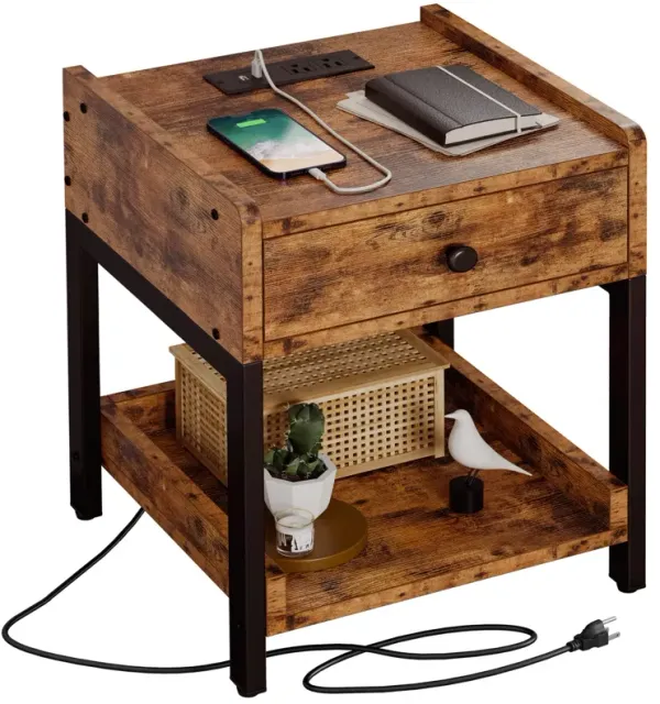 LIKIMIO Nightstand, Bedside Table with Charging Station, Small End Table with Storage Drawer and Shelf for Bedroom and Living Ro