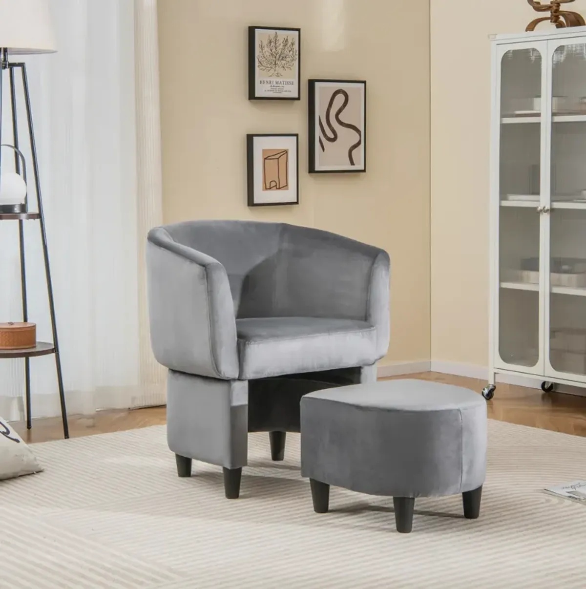 Upholstered Velvet Barrel Chair with Ottoman