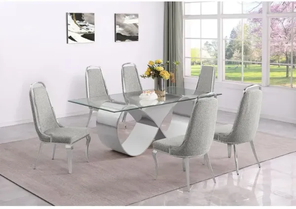 Best Quality Furniture 7Pc Tempered Glass Dining Set 6 Rich Gray Boucle Side Chairs And A Silver Base