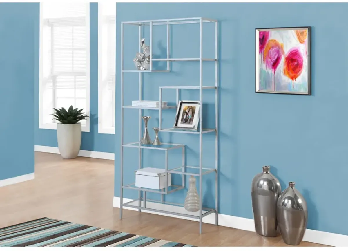 Monarch Specialties I 7158 Bookshelf, Bookcase, Etagere, 72"H, Office, Bedroom, Metal, Tempered Glass, Grey, Clear, Contemporary, Modern