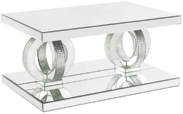 Coffee Table with Mirrored Frame and Pedestal Base, Silver-Benzara