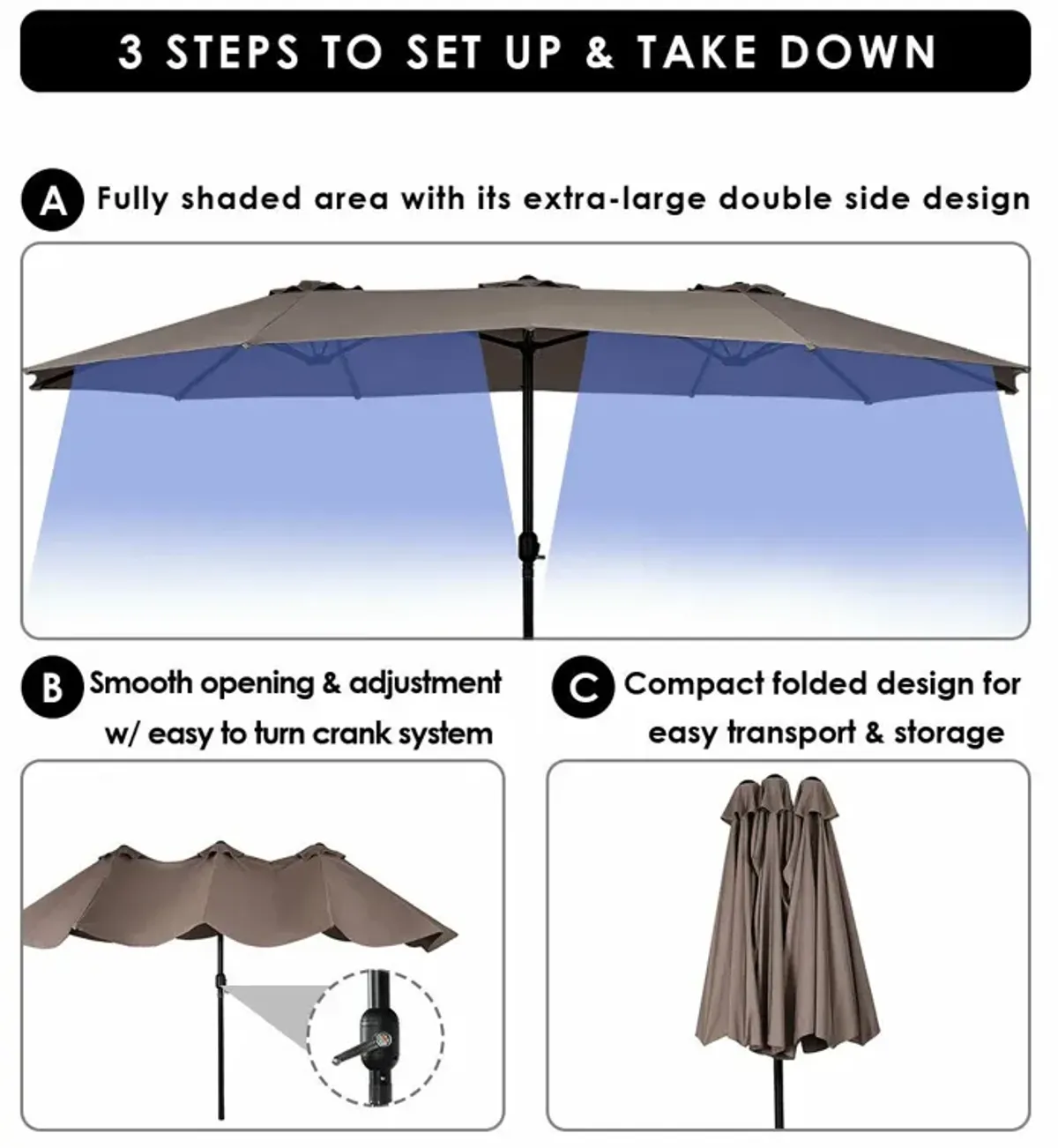 15 Feet Double-Sided Outdoor Patio Umbrella with Crank without Base