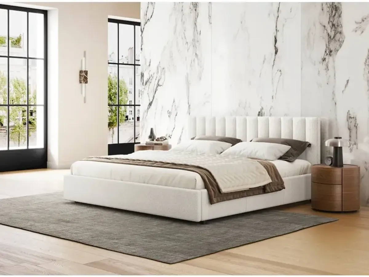 Omax Decor Jaxon Upholstered Platform King Bed in White Boucle Fabric