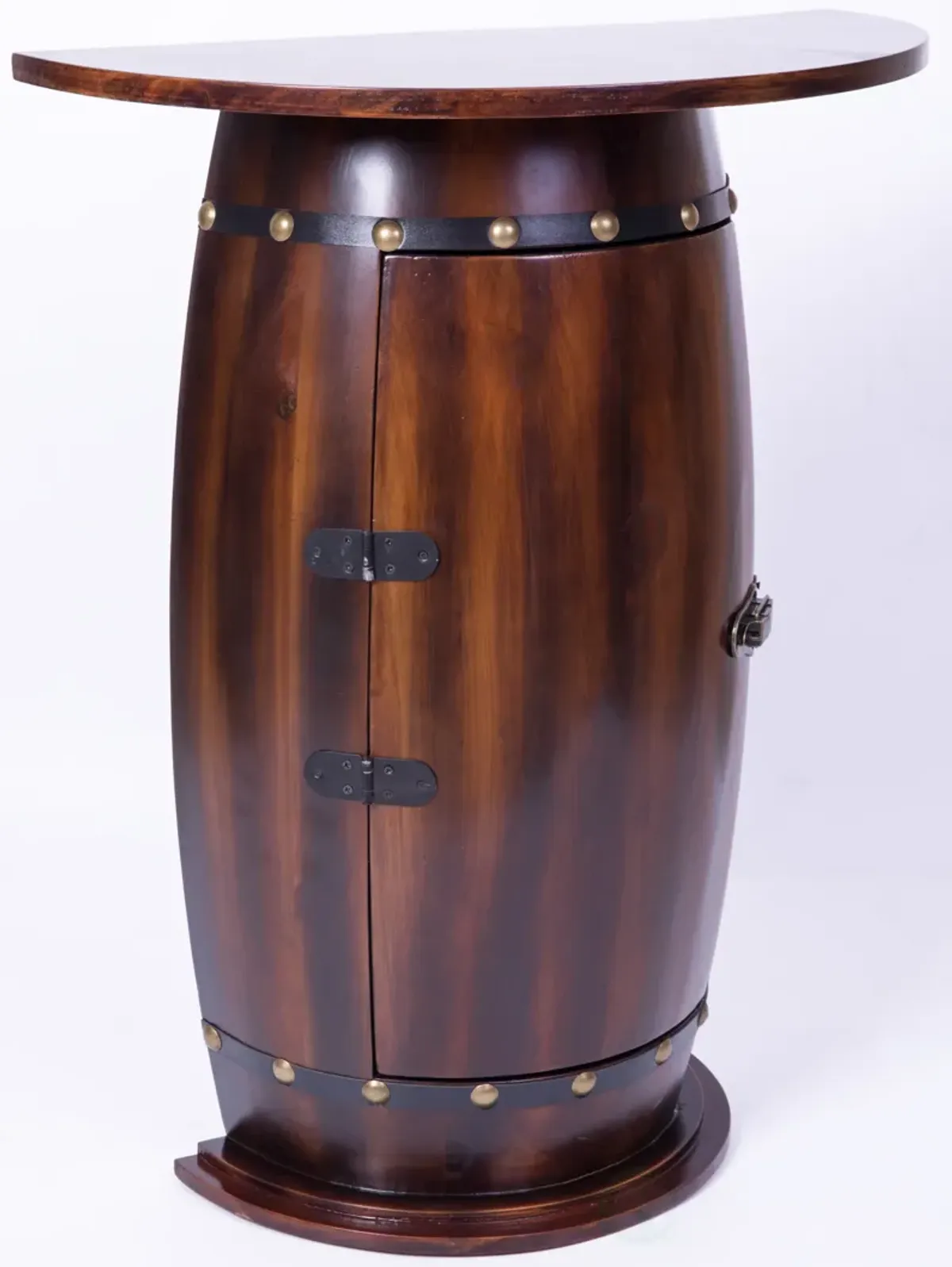 Rustic Lockable Barrel Shaped Wine Bar Cabinet Wooden End Table