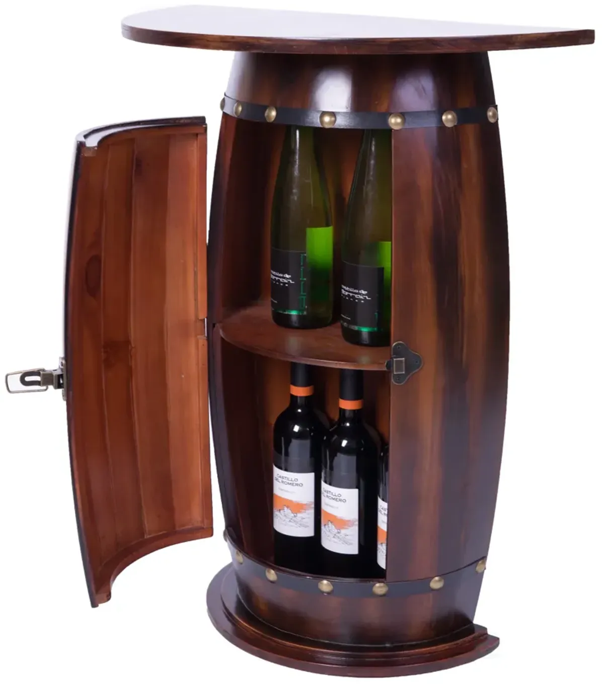 Rustic Lockable Barrel Shaped Wine Bar Cabinet Wooden End Table