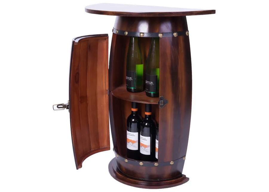 Rustic Lockable Barrel Shaped Wine Bar Cabinet Wooden End Table