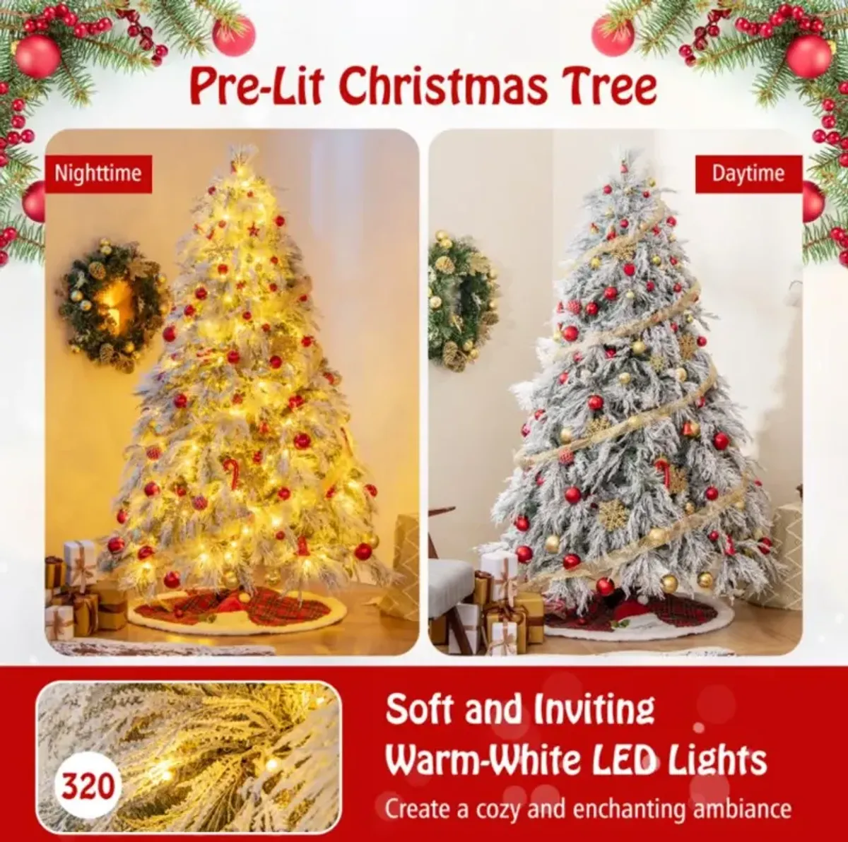 Hivvago 4.5/6/7 Feet Pre-Lit Snow Flocked Christmas Tree with Warm White LED Lights