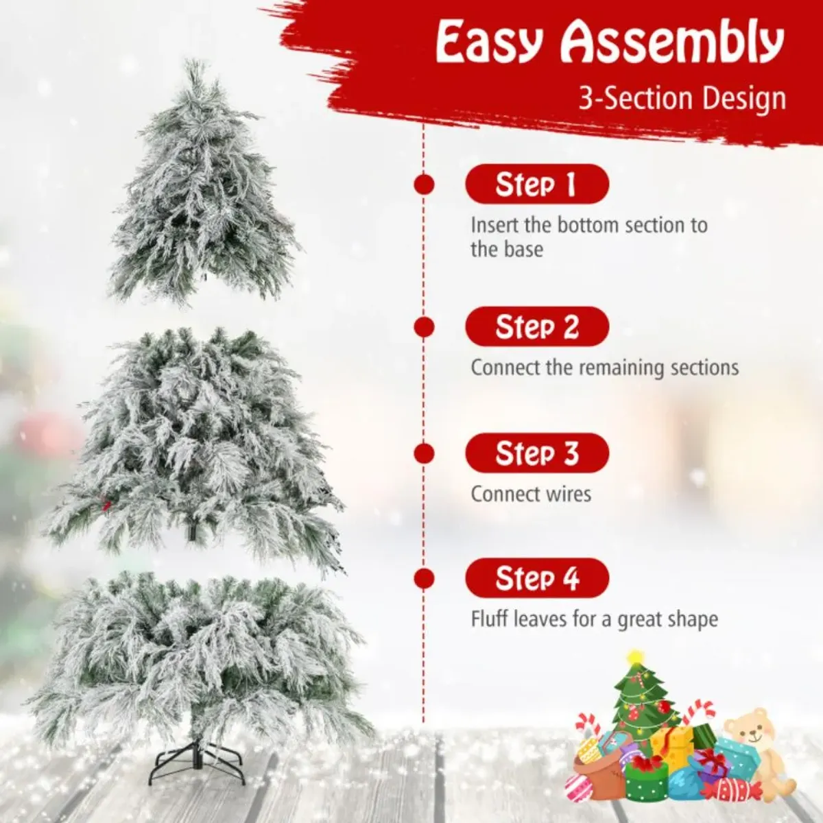 Hivvago 4.5/6/7 Feet Pre-Lit Snow Flocked Christmas Tree with Warm White LED Lights