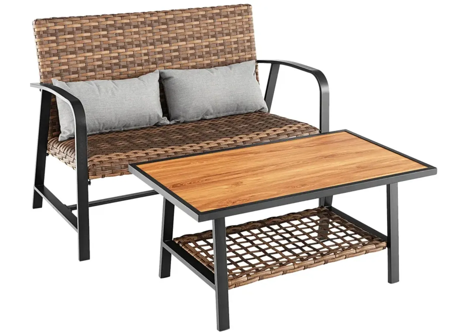 2 Pieces Patio Rattan Coffee Table Set with Shelf and Quick Dry Cushion