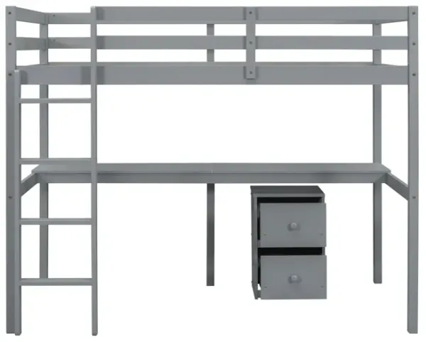 Whisen Twin Loft Wood Bed with Built-in Desk, Storage Cabinet of 2 Drawers, Guardrails and Ladder - White