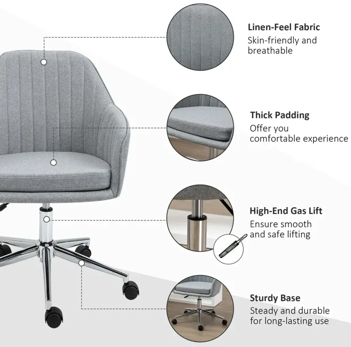 Light Grey Study Chair: Linen Fabric Scallop Shape Swivel Seat