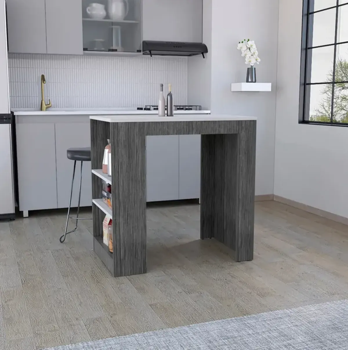 Kitchen Island Doyle, Kitchen, Smoky Oak / Ibiza Marble Color Finish