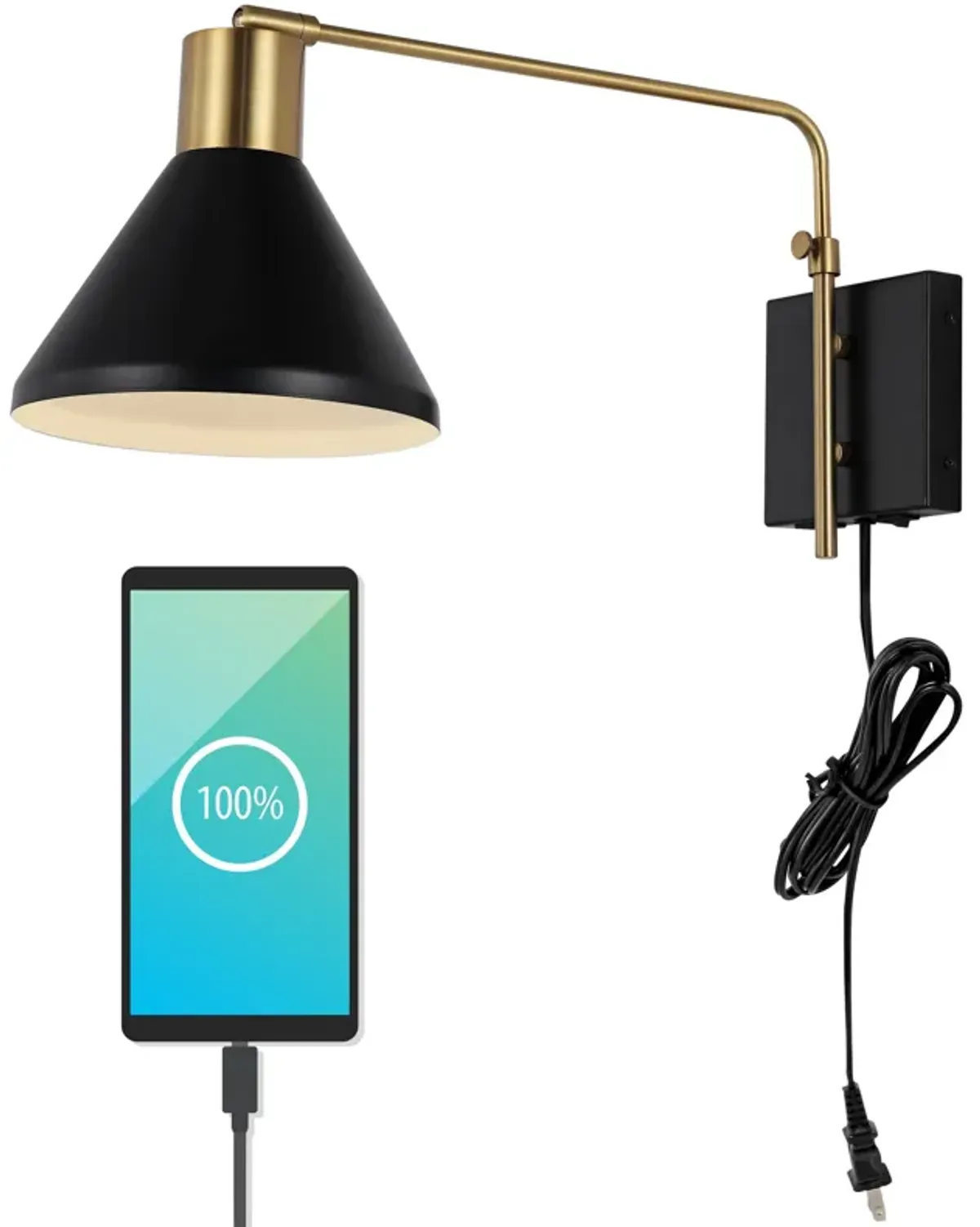 Max Swing Arm Modern Midcentury Iron USB Charging Port LED Sconce