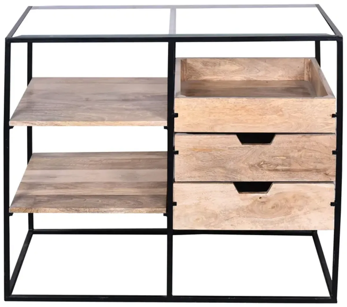 35 Inch Handcrafted Modern Glass Table, Storage Shelves, 3 Drawers, Metal Frame, Natural Brown and Black-Benzara