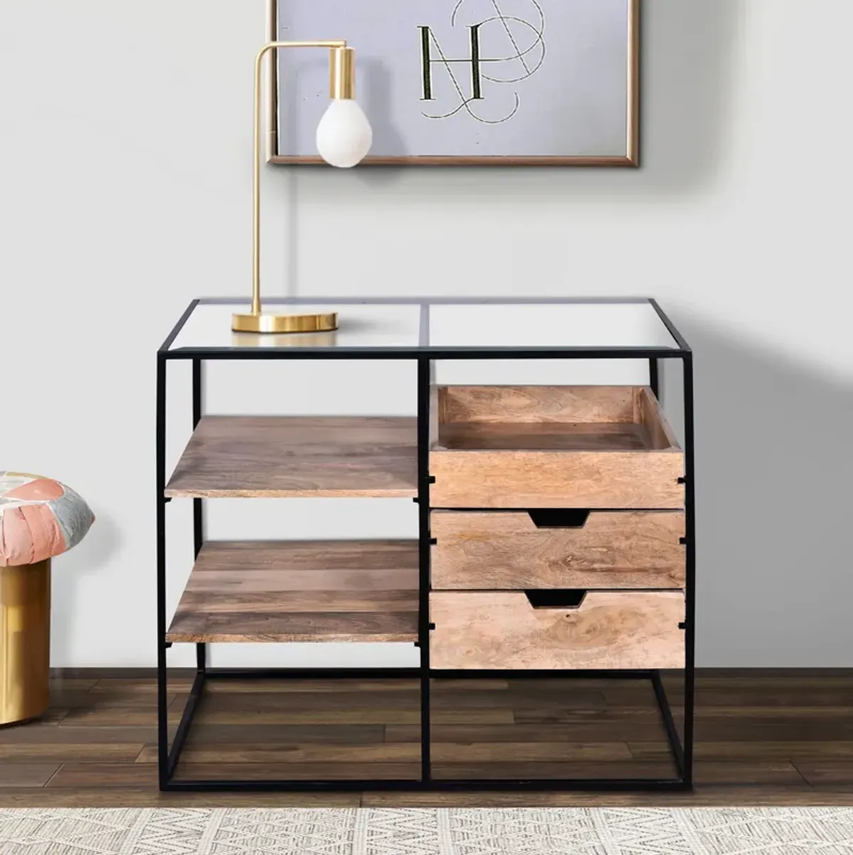 35 Inch Handcrafted Modern Glass Table, Storage Shelves, 3 Drawers, Metal Frame, Natural Brown and Black-Benzara