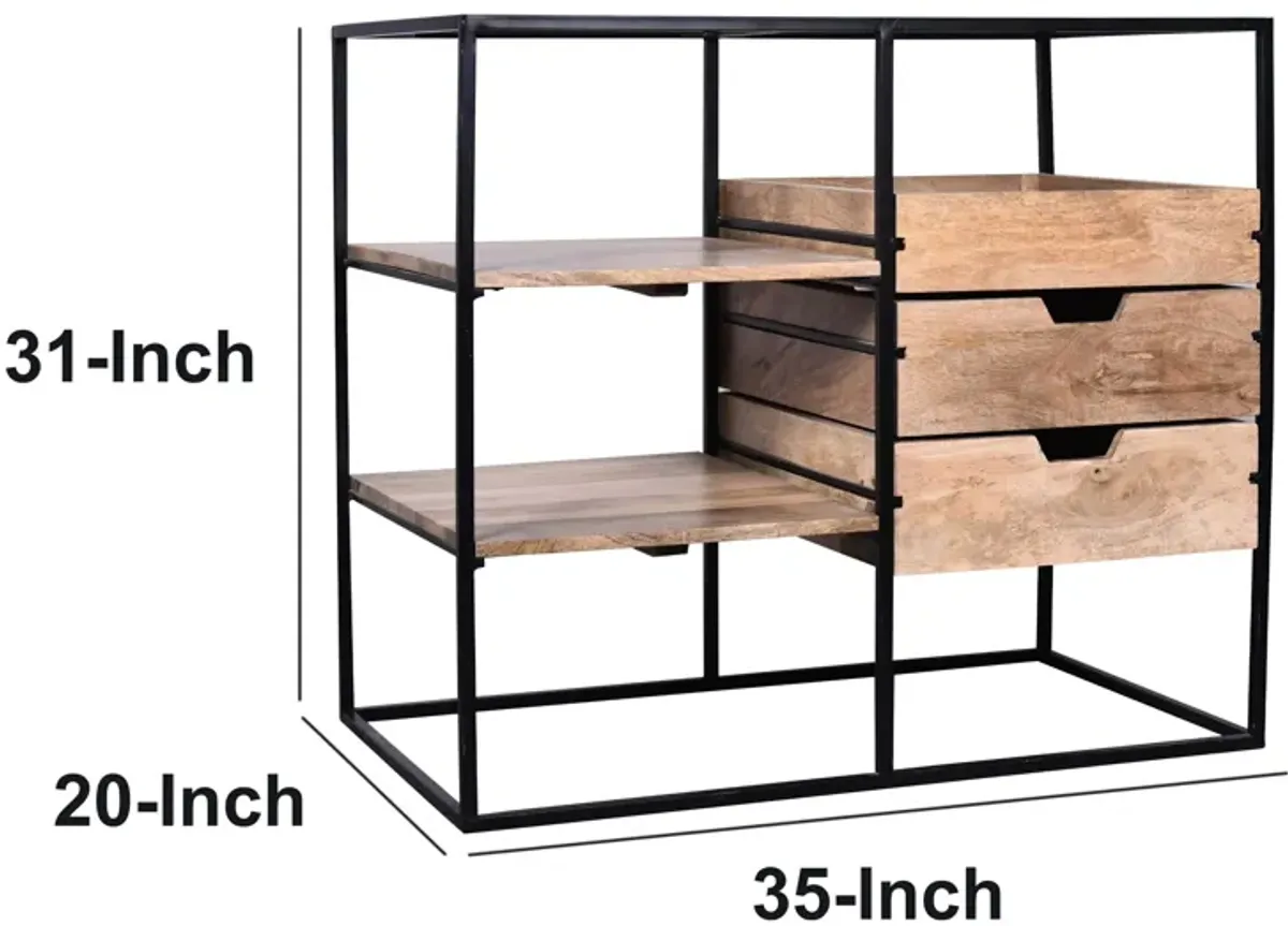 35 Inch Handcrafted Modern Glass Table, Storage Shelves, 3 Drawers, Metal Frame, Natural Brown and Black-Benzara