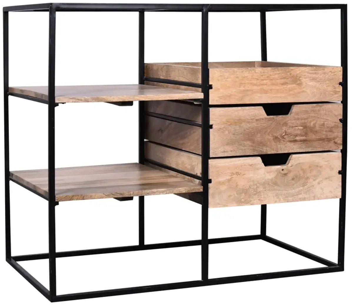 35 Inch Handcrafted Modern Glass Table, Storage Shelves, 3 Drawers, Metal Frame, Natural Brown and Black-Benzara