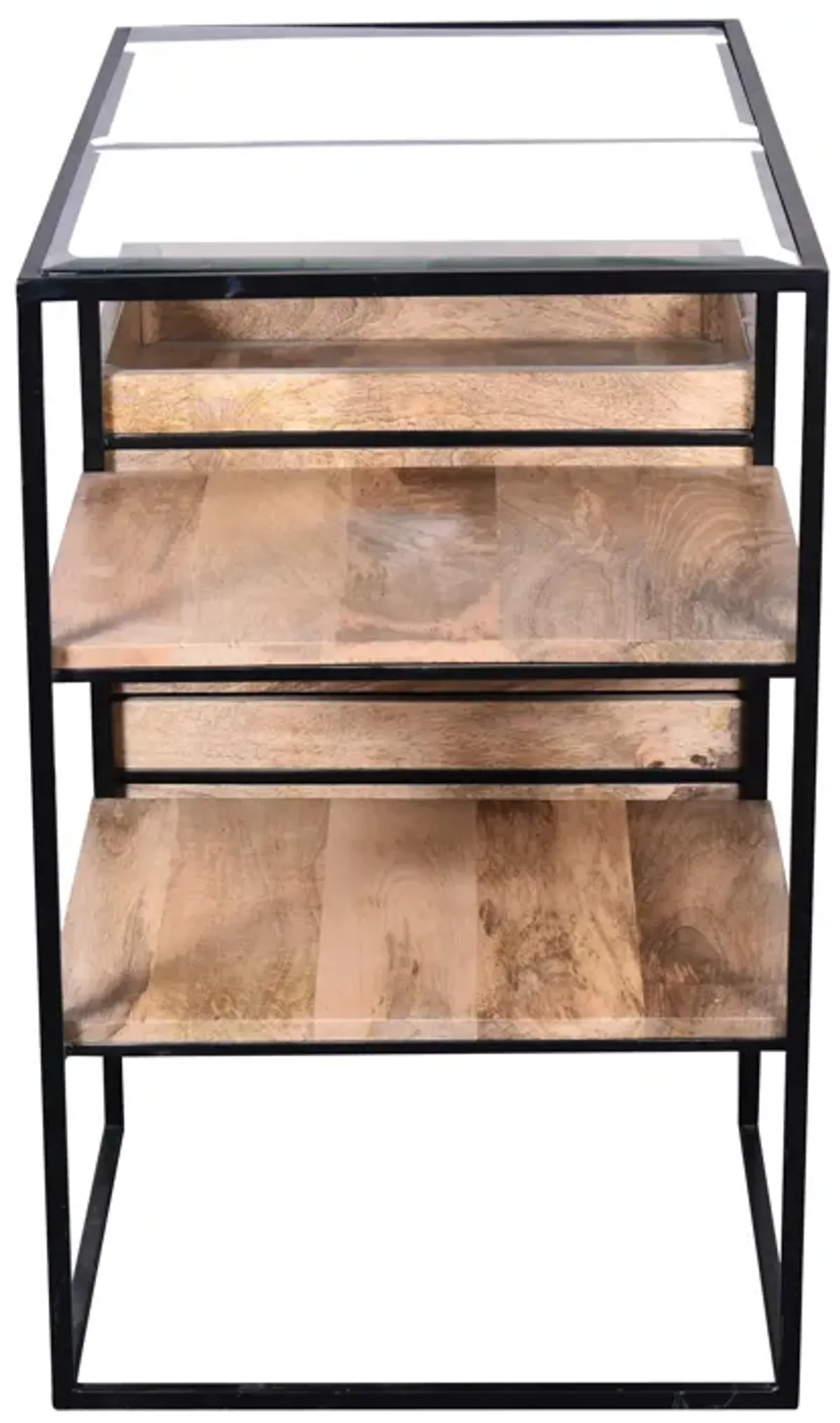 35 Inch Handcrafted Modern Glass Table, Storage Shelves, 3 Drawers, Metal Frame, Natural Brown and Black-Benzara