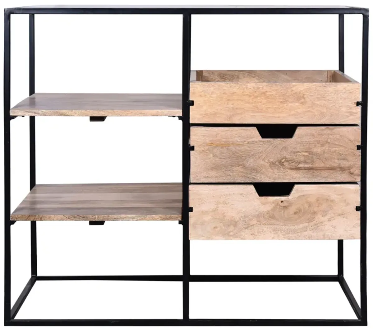 35 Inch Handcrafted Modern Glass Table, Storage Shelves, 3 Drawers, Metal Frame, Natural Brown and Black-Benzara