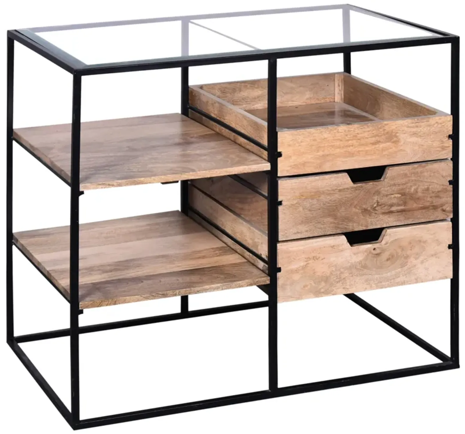 35 Inch Handcrafted Modern Glass Table, Storage Shelves, 3 Drawers, Metal Frame, Natural Brown and Black-Benzara