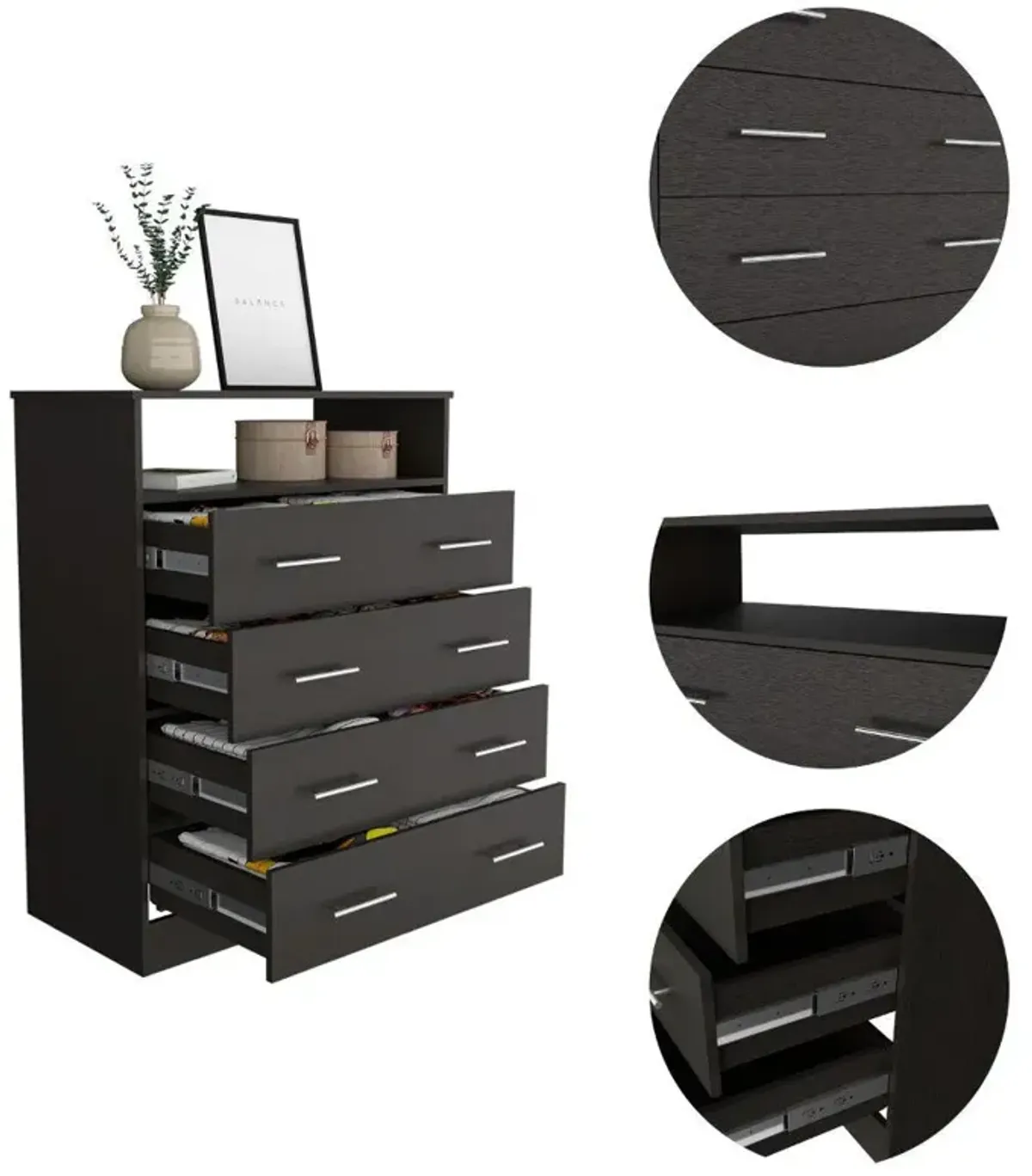 DEPOT E-SHOP Serbian Four Drawer Dresser, Countertop, One Open Shelf, Four Drawers-Black, For Bedroom