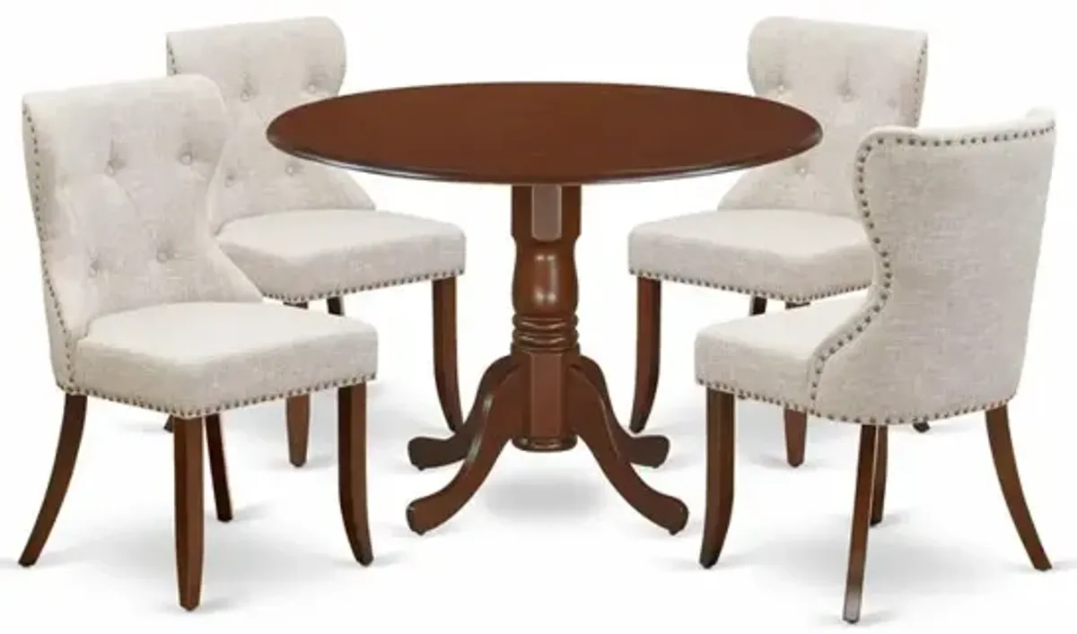 East-West Furniture DLSI5-MAH-35 - A dining room table set of 4 amazing kitchen chairs using Linen Fabric Doeskin color and an attractive two 9" drop leaf round wooden table in Mahogany Finish