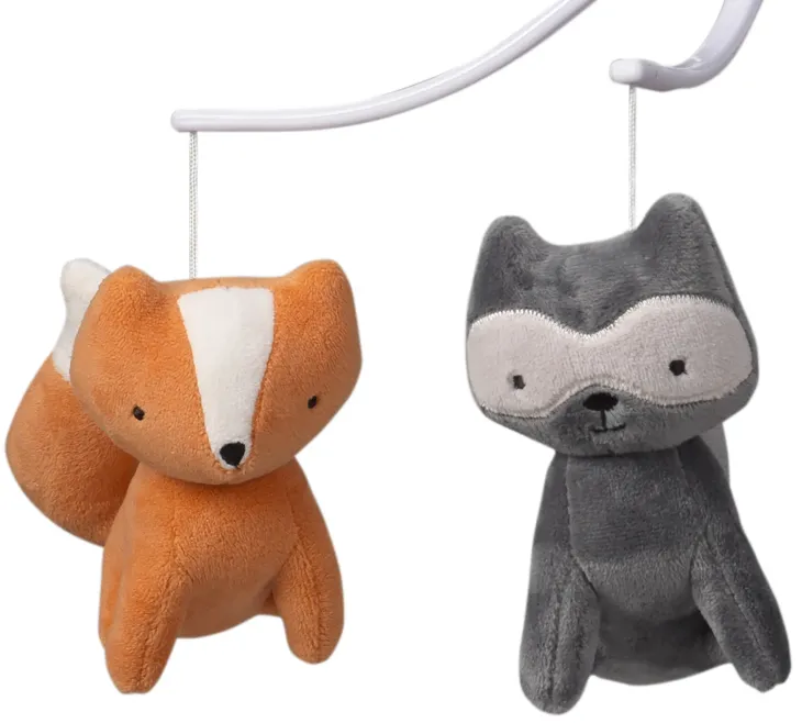 Bedtime Originals Acorn Gray/Orange Fox and Raccoon Musical Baby Crib Mobile