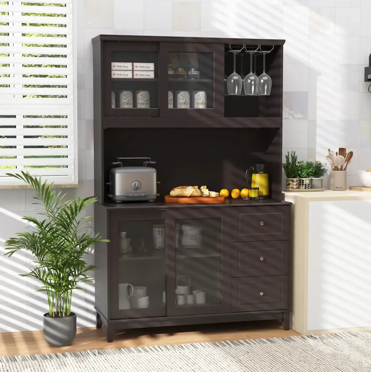 Kitchen Pantry Storage Cabinet Kitchen Hutch with LED lights and Power Outlet