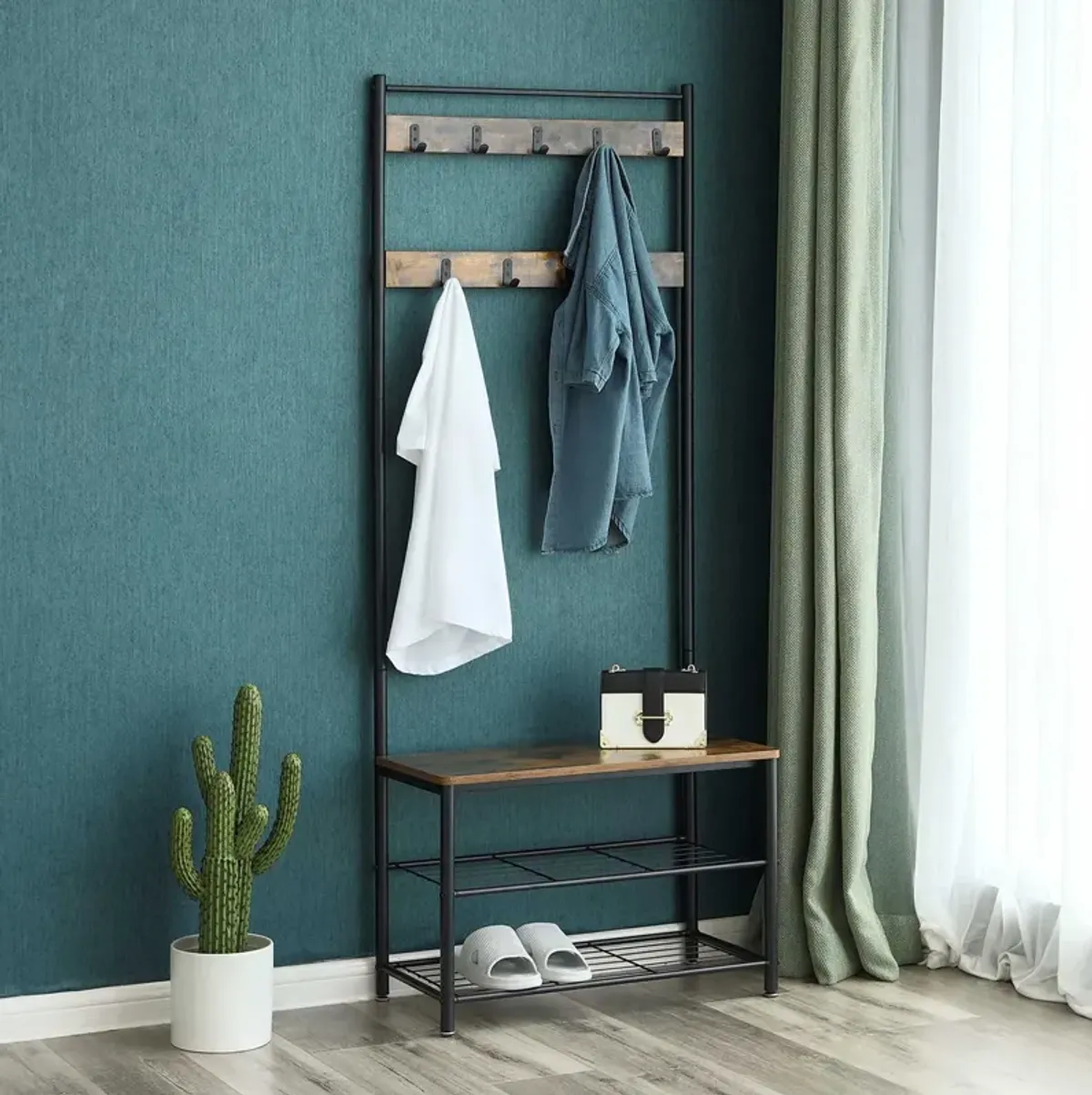 Coat Rack and Shoe Bench with Storage Shelf and Metal Frame