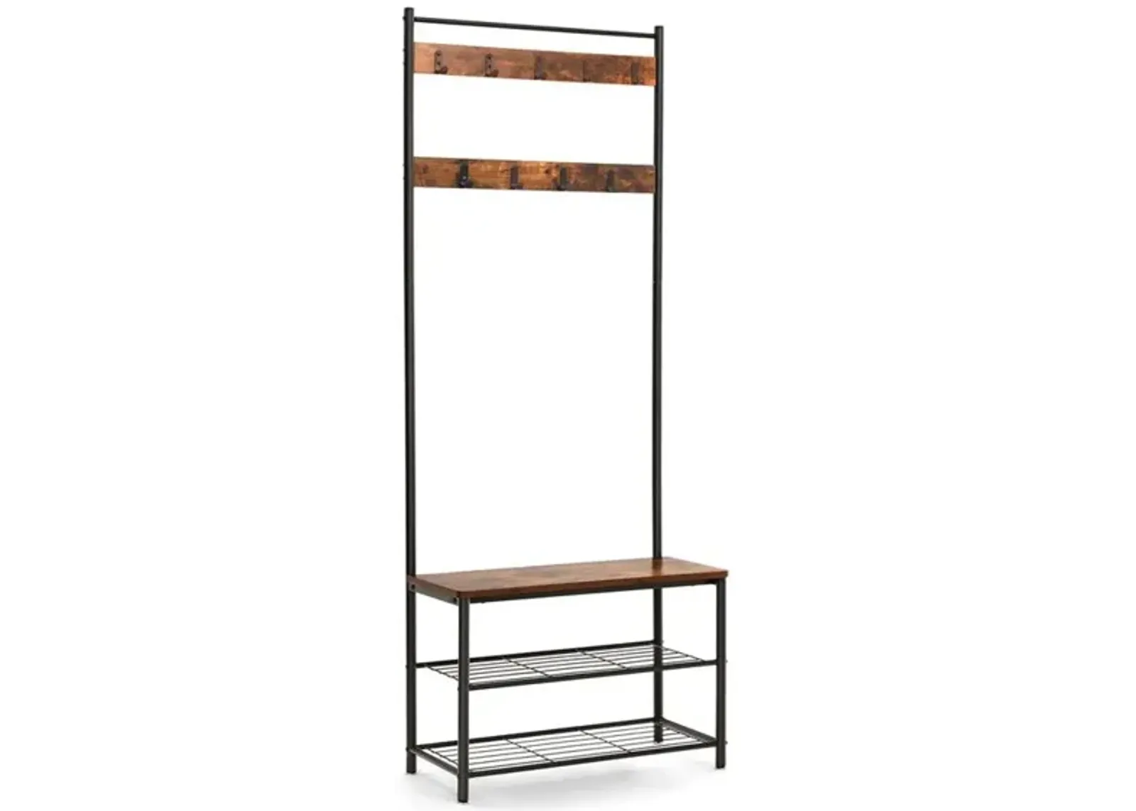 Coat Rack and Shoe Bench with Storage Shelf and Metal Frame