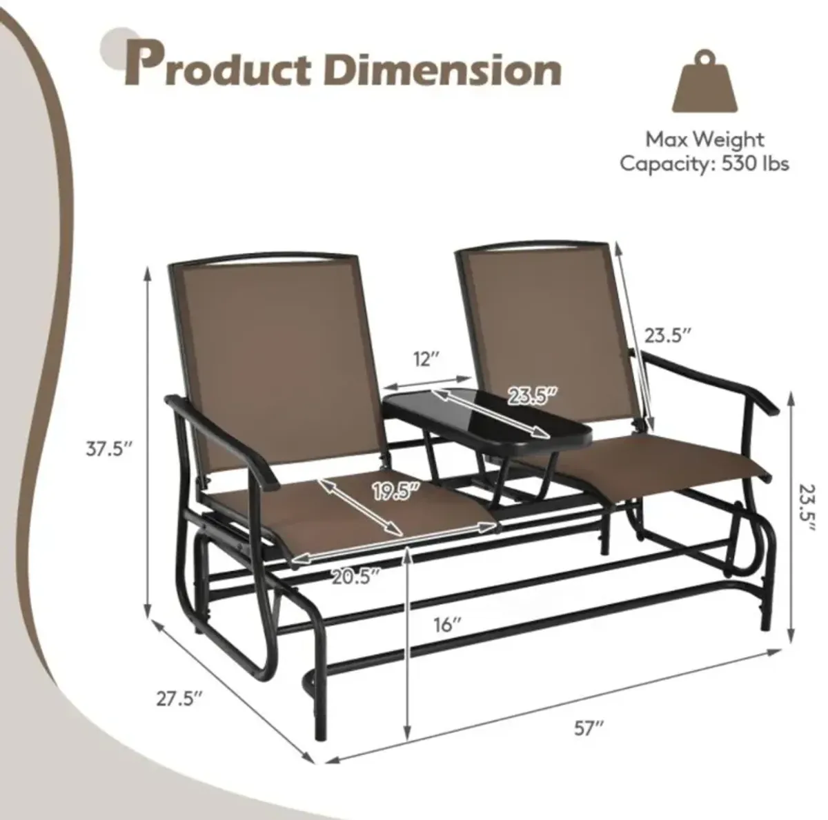 Hivvago 2-Person Double Rocking Loveseat with Mesh Fabric and Center Tempered Glass Table