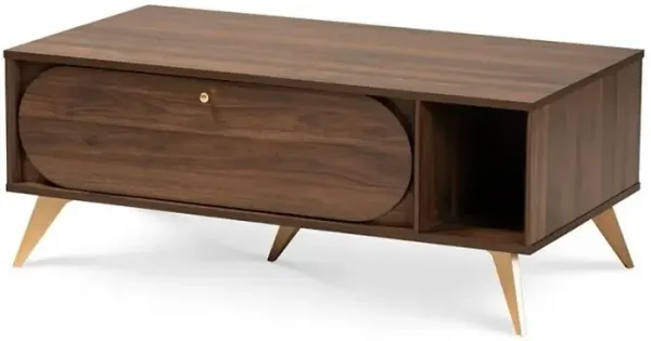 Edel Mid-Century Modern Walnut Brown and Gold Finished Wood Coffee Table