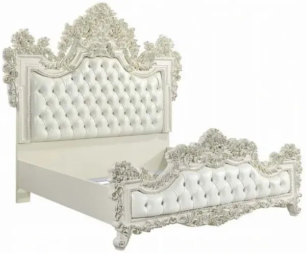 Rox King Size Bed, White Faux Leather Victorian Carved, Vintage White - Benzara