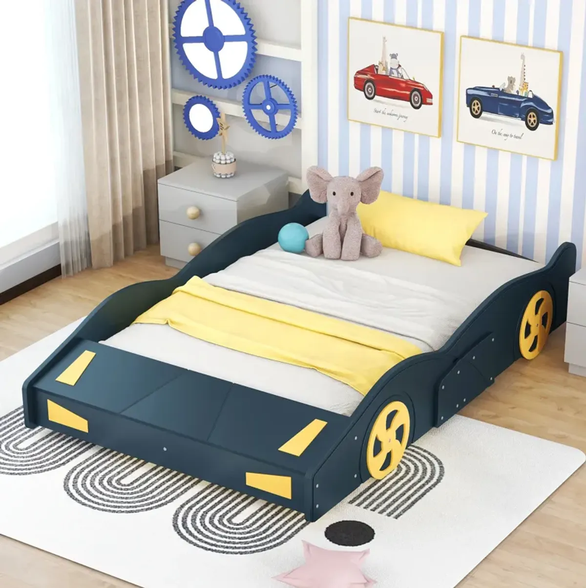 Whisen Full Size Race Car-Shaped Platform Bed with Wheels and Storage - Black & Yellow