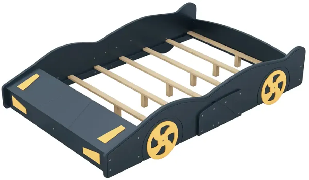 Whisen Full Size Race Car-Shaped Platform Bed with Wheels and Storage - Black & Yellow