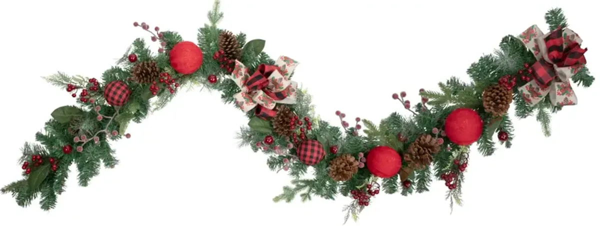 6' Green Pine Artificial Christmas Garland with Plaid Ornaments and Bows