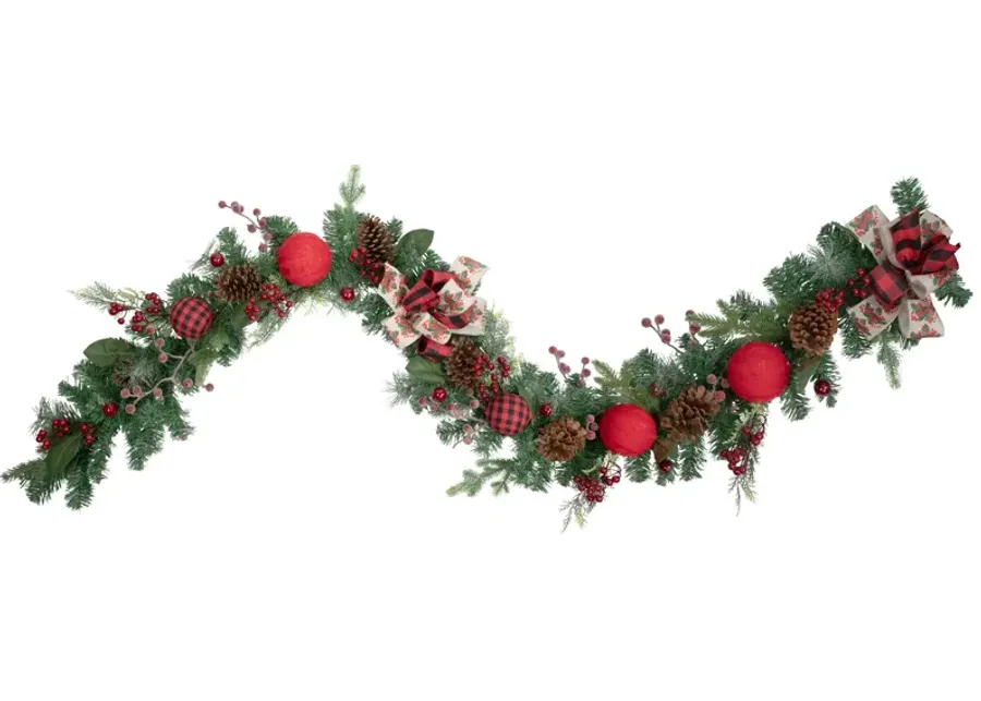 6' Green Pine Artificial Christmas Garland with Plaid Ornaments and Bows