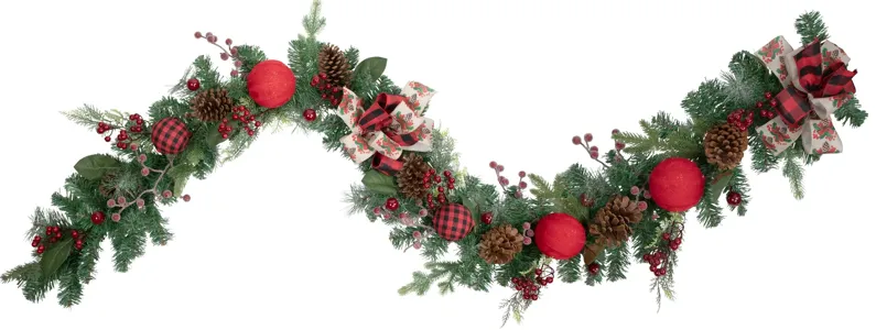 6' Green Pine Artificial Christmas Garland with Plaid Ornaments and Bows