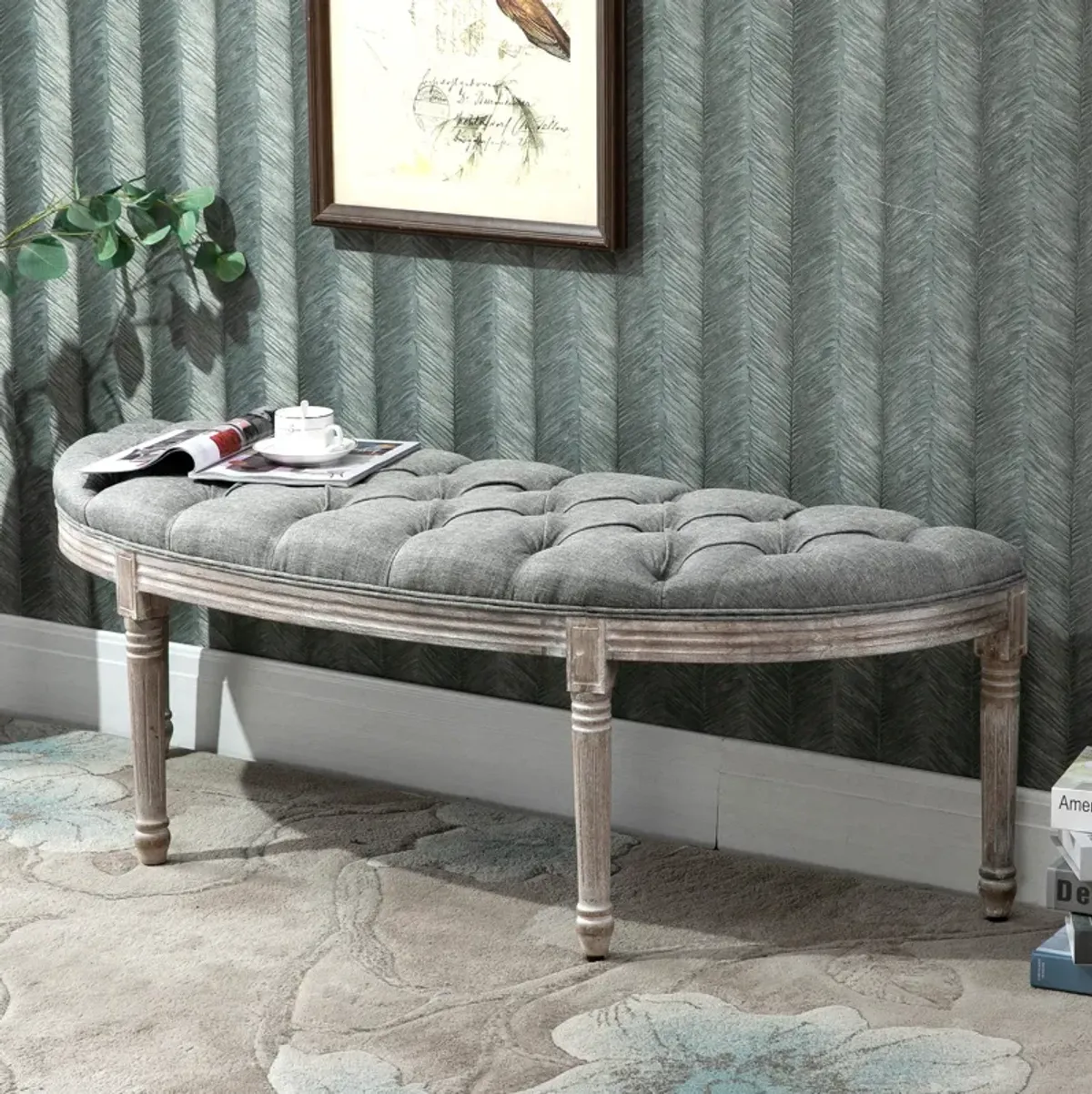 Grey Linen Lounger: Tufted Half Circle Bench with Linen-Touch Fabric