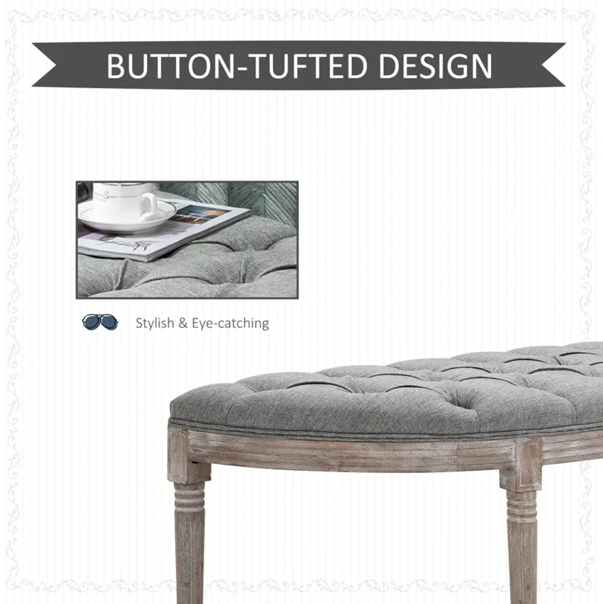 Grey Linen Lounger: Tufted Half Circle Bench with Linen-Touch Fabric