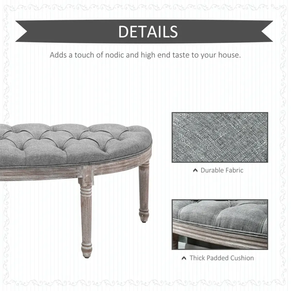 Grey Linen Lounger: Tufted Half Circle Bench with Linen-Touch Fabric