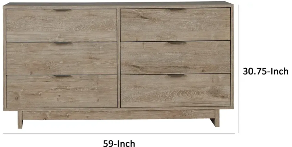 Fervor 59 Inch Dresser, 6 Drawers, Brown Wood Frame, Brushed Nickel Handles-Benzara