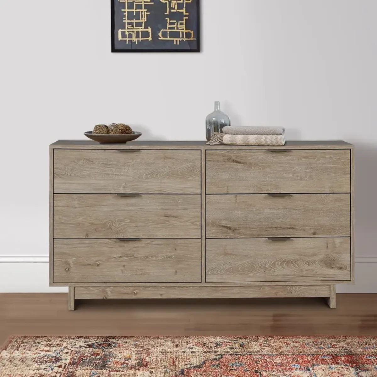 Fervor 59 Inch Dresser, 6 Drawers, Brown Wood Frame, Brushed Nickel Handles-Benzara